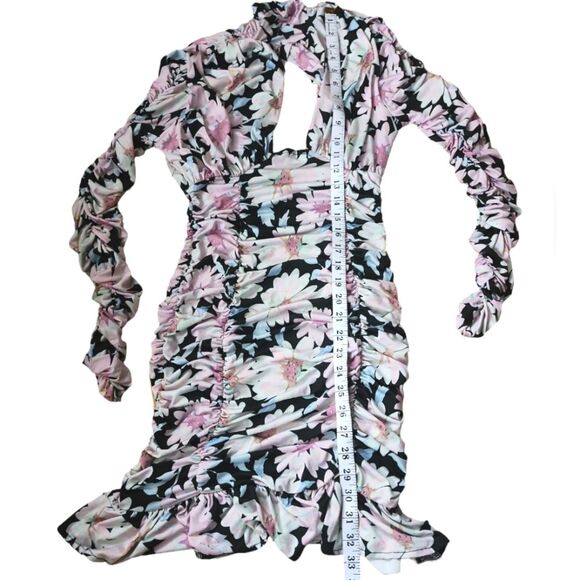 Asos Floral Mini Dress Women's Size 6 Bloomcore Ruched Ruffled Black Cut Out - Picture 6 of 7